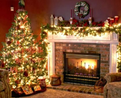 A fireplace decorated in Christmas decorations next to a lighted, decorated Christmas tree
